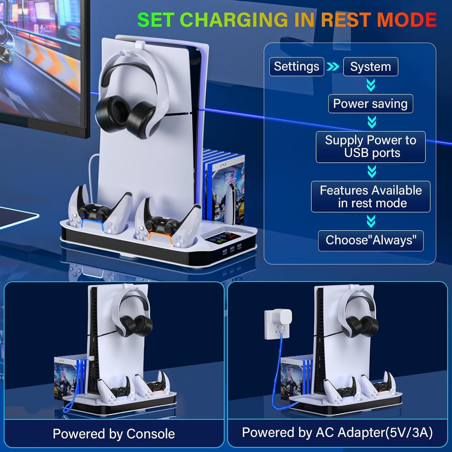 PS5/PS5 Slim Cooling Station with Controller Charging Station for Playstation 5 Slim&Standard Disc/Digital Console, PS5 Slim Stand Cooler Accessories Incl Cooling Fan/3 USB Hubs/Headset Holder/Screw