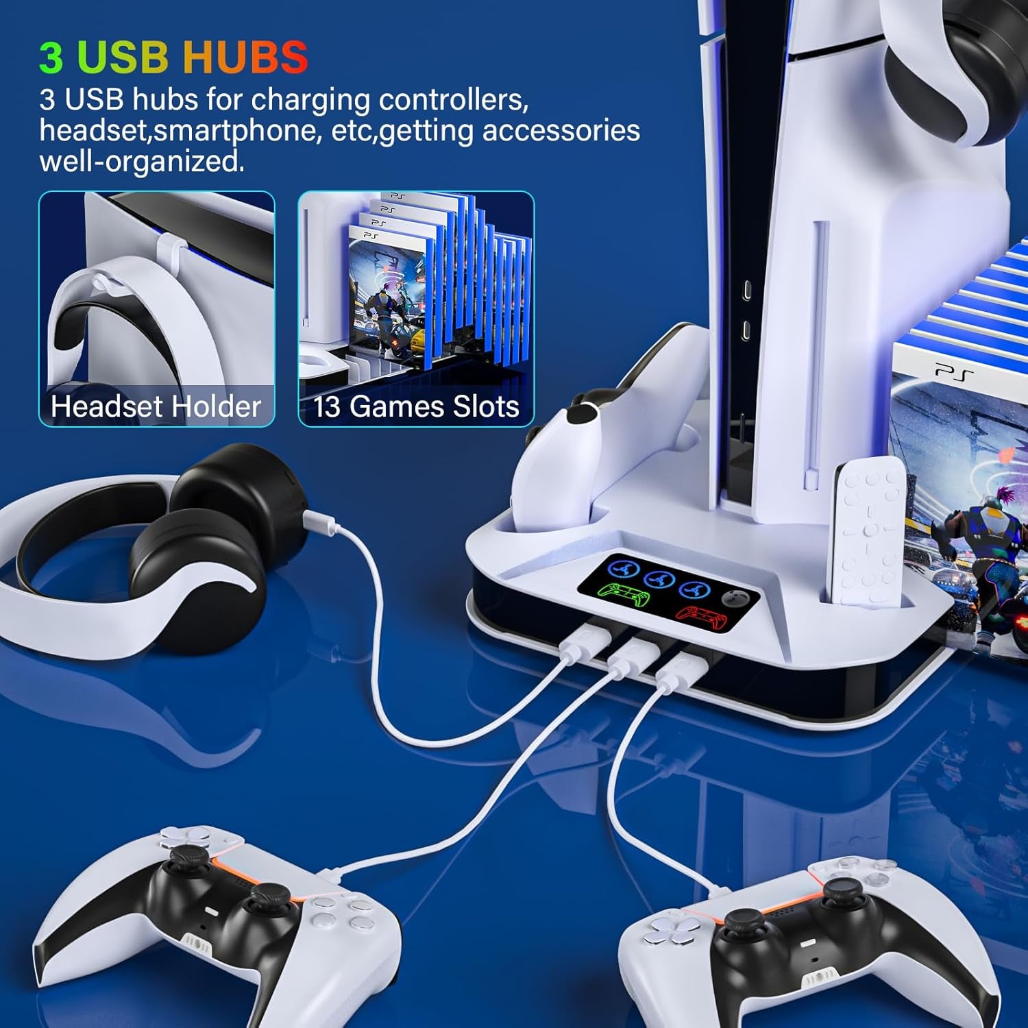 PS5/PS5 Slim Cooling Station with Controller Charging Station for Playstation 5 Slim&Standard Disc/Digital Console, PS5 Slim Stand Cooler Accessories Incl Cooling Fan/3 USB Hubs/Headset Holder/Screw