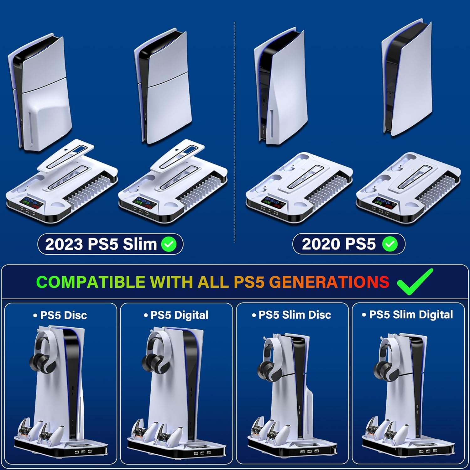 PS5/PS5 Slim Cooling Station with Controller Charging Station for Playstation 5 Slim&Standard Disc/Digital Console, PS5 Slim Stand Cooler Accessories Incl Cooling Fan/3 USB Hubs/Headset Holder/Screw