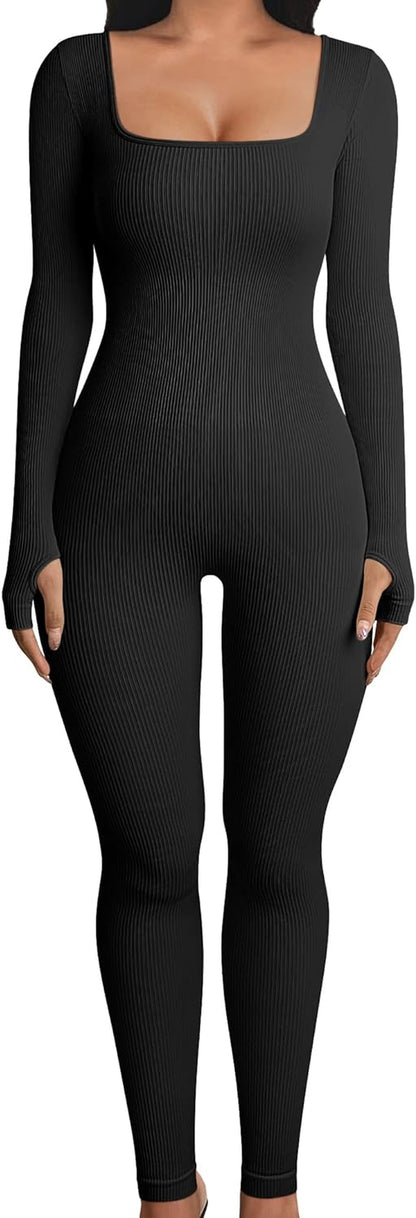 Women Long Sleeve Yoga Jumpsuits Workout Ribbed Bodysuits Pants Sexy One Piece