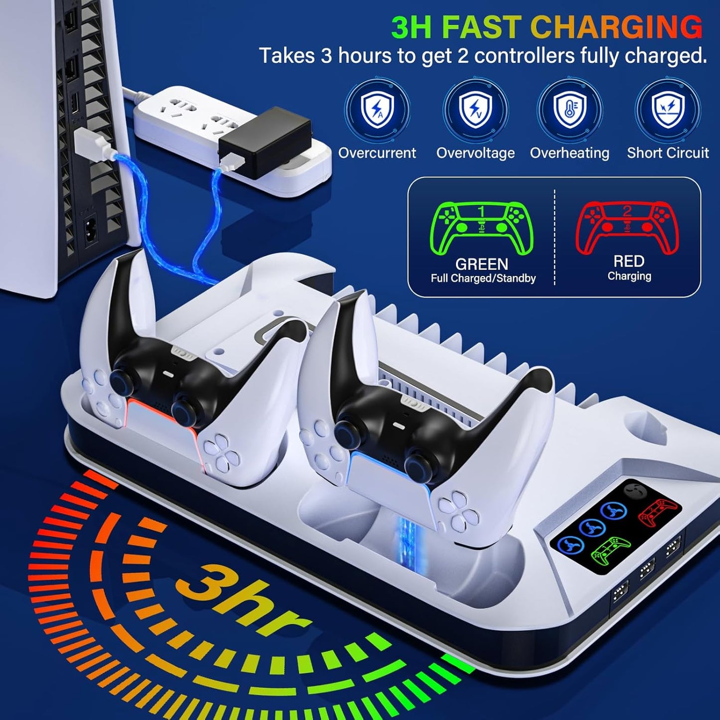 PS5/PS5 Slim Cooling Station with Controller Charging Station for Playstation 5 Slim&Standard Disc/Digital Console, PS5 Slim Stand Cooler Accessories Incl Cooling Fan/3 USB Hubs/Headset Holder/Screw