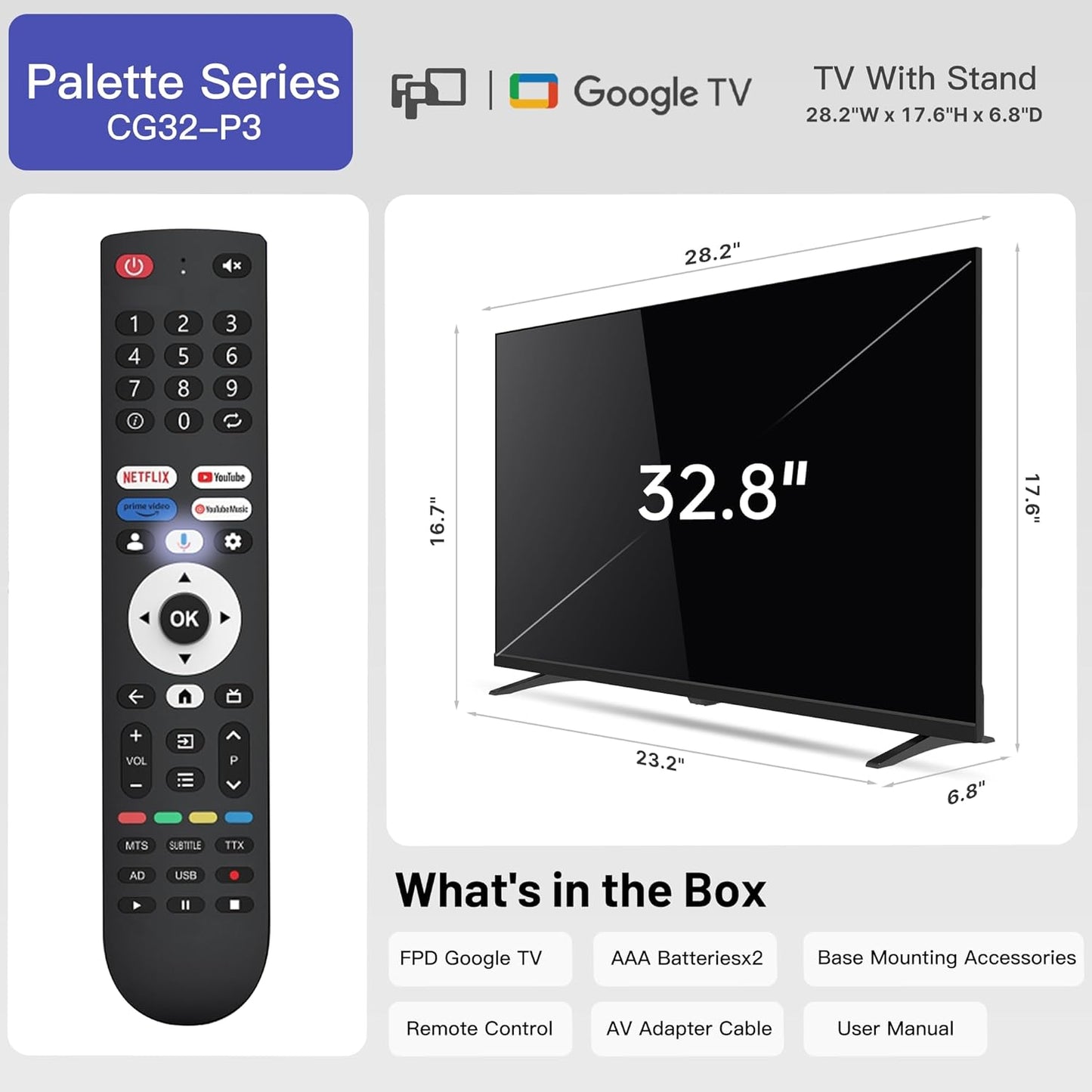 32-Inch Smart TV Google TV HD 720P with Google Play and Google Cast Built-In, HDR 10, Dolby Audio, Voice Remote, Stream Live Tv(Palette-Series, CG32-P3, 2024 Model)