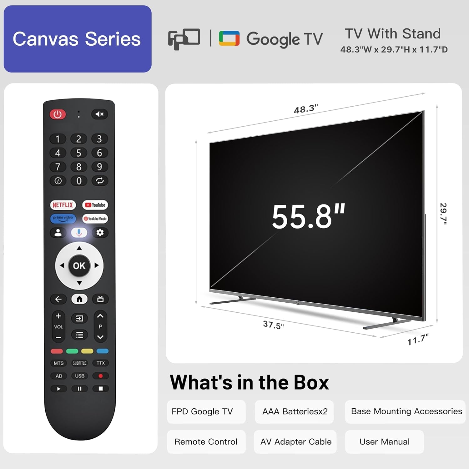 55-Inch Smart TV Google TV 4K UHD with Google Play and Google Cast Built-In, HDR 10, Dolby Vision Dolby Atmos, MEMC, Voice Remote, Stream Live Tv(Canvas-Series, CG55-C1, 2024 Model)